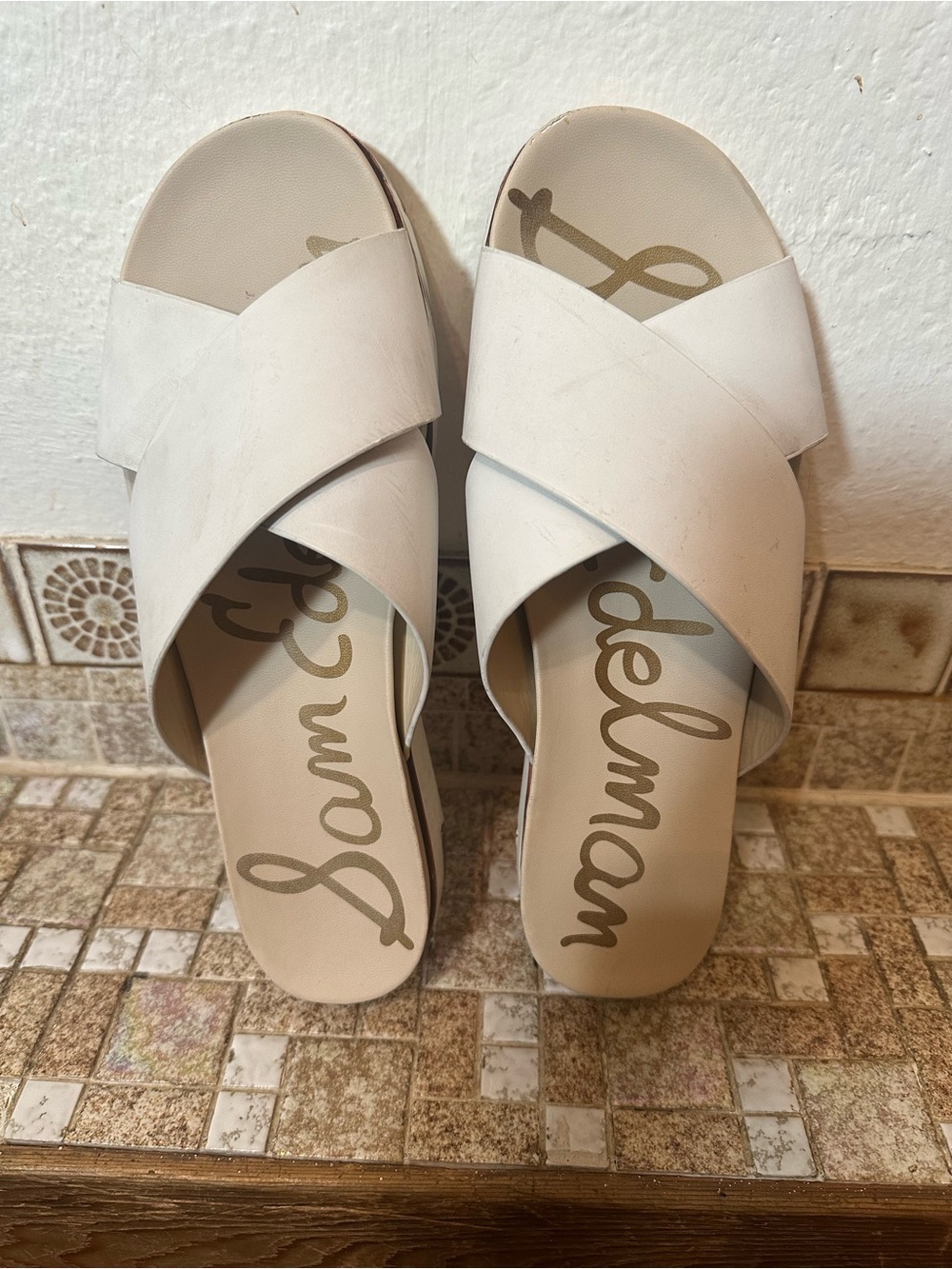 Sam Edelman Cream Cross-Band Slide Sandals